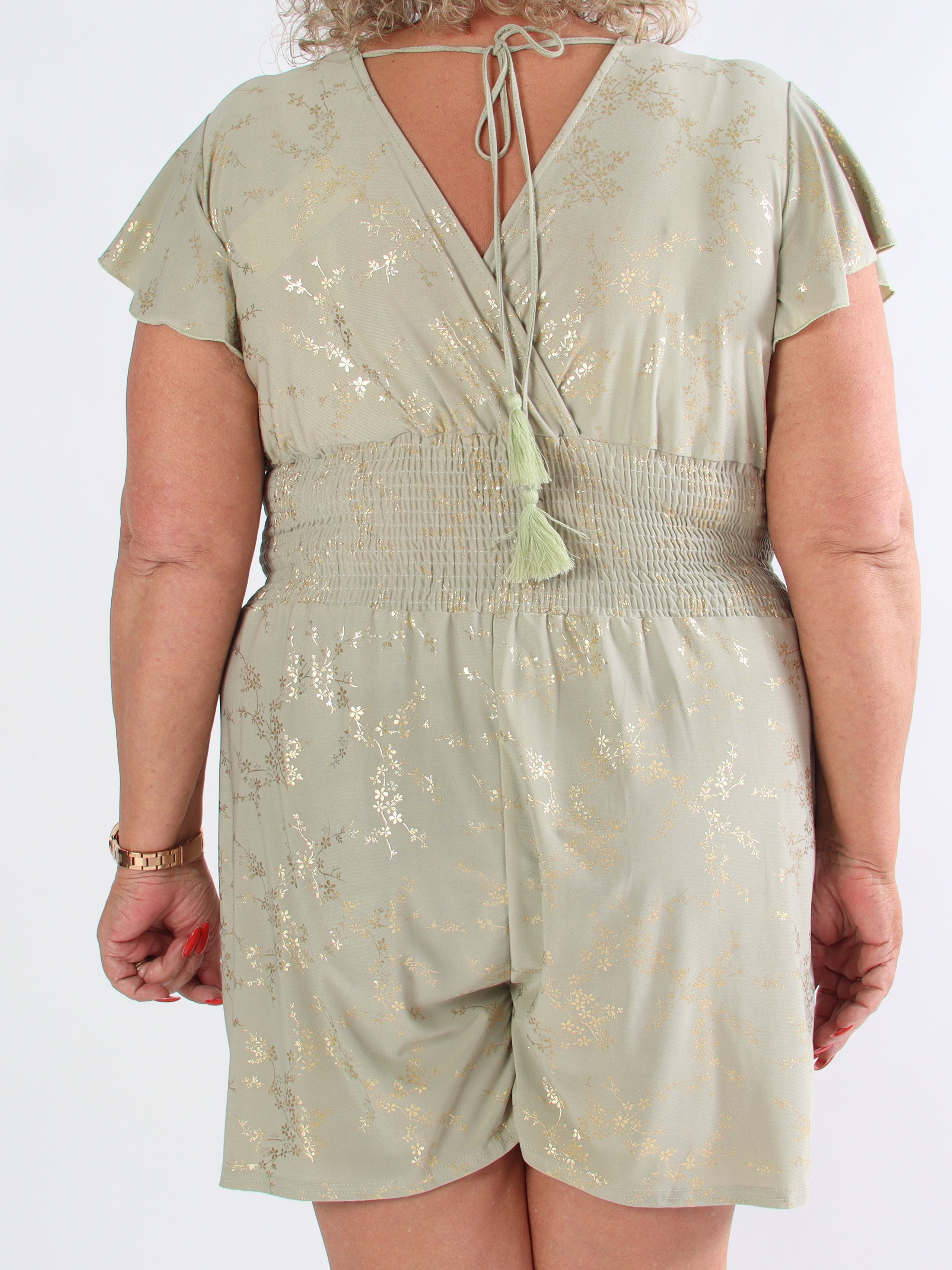 Pams Gold Playsuit - Elastisk jumpsuit i plusstorlek med guldtryck